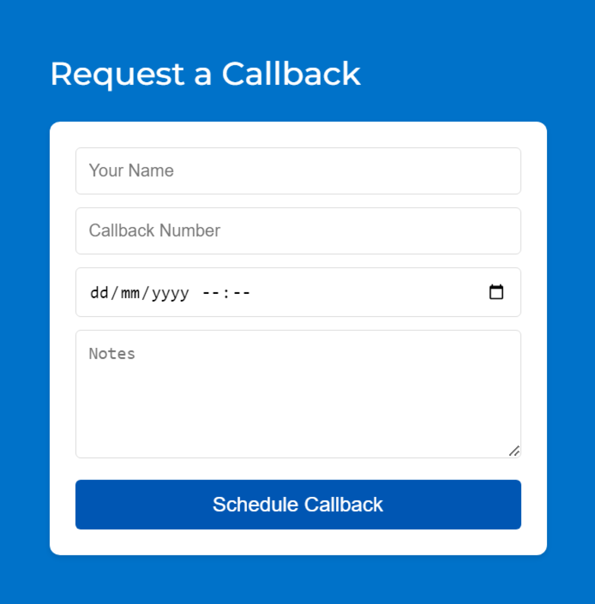 Customer initiated callback request form for Genesys Cloud CX